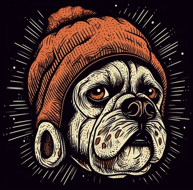 a clipart illustration of a dog wearing a beanie, in the style of aggressive digital illustration, mcdonaldpunk, intense close-ups, art of the congo, illustration, aestheticized violence, distinctive noses