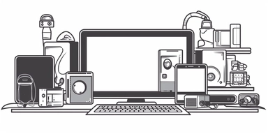 digital devices clipart, desktop, laptop, tablet, phone, interconnected, black line art on white, minimal,
