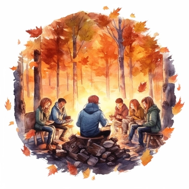 watercolor, hyper realistic, white background, white margins, 16k, ultra detailed clipart, cut out image, hand-drawn a cozy campfire in the heart of an autumn forest, with flickering flames and people gathered around, sharing stories and warmth