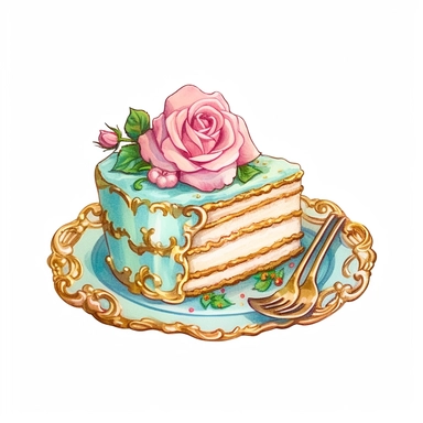 Make a clipart of a fairytale watercolor french country cake slice on a dish on a table, rococo, with bright pastel colors of turquoise and green, pink roses, gold accents, black outlines, hd, white background