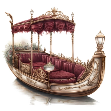 watercolor, hyper realistic, white background with margins, 8k, ultra detailed clipart, victorian, luxurious, Victorian steampunk-style gondola, complete with an ornate, brass-trimmed pole and plush, velvet cushions, burgundy