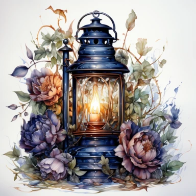 hyperrealistic ultra detailed watercolor clipart, floral fantasy lantern with a candle lit, white background, in the style of digital print, clipart, illustration, sticker, ultra high definition, rich details, 32K, HD