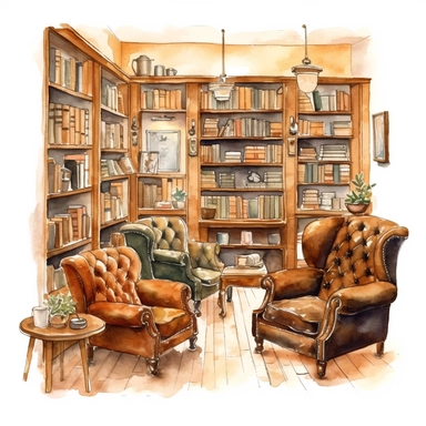 A vintage-inspired bookstore with shelves full of classic novels, leather armchairs, and a cozy reading corner, clipart, watercolor, white background, american style