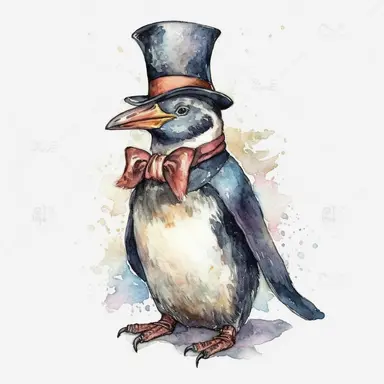 penguin, full body, cartoon style, baroque, watercolor, colorful, clipart