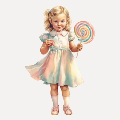 vintage adorable little girl eating rainbow candy, full body, pastel beige colors, clipart style, accurate details, watercolor technique, super high quality, professional watercolor clipart, high resolution