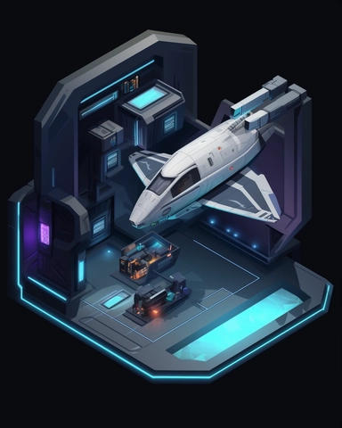 isometric perspective, game sprite, futuristic small spaceship hanger concept, gaming asset, sci-fi, fun, creative, cartoon, clipart, hyper-detailed, black background,