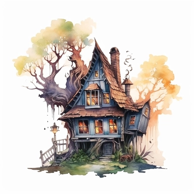 watercolor witch house, on a tree, flowers around, mystic, vintage style witch house, super high quality, professional watercolor clipart, high resolution, clip art, animals on the sides