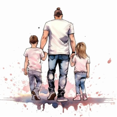 behind view, Dad and daughters Clipart, watercolor Illustration clipart, 4K, extremely detailed