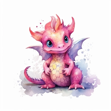 Watercolor fantasy baby dragon clipart full body, sitting, pink color palette, hand painted, white background