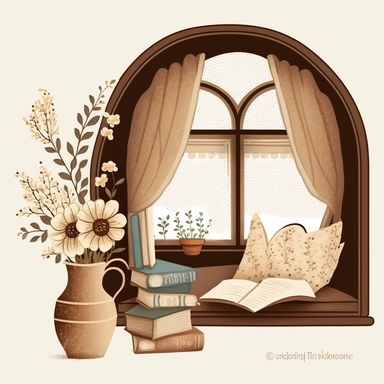 Bookworm cozy reading corner, flowers, window, brown and cream color, clipart