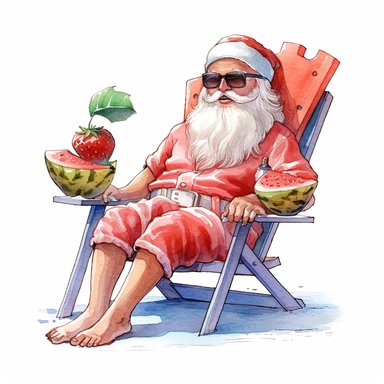 cute Santa Claus Wearing Sunglasses, sitting on a beach chair and eating watermelon, style by Lucy Fleming, watercolor, smooth gradients, black contour outline, ultra detailed, clipart elements, delicate pastel colors, solid white background, super clear, high quality