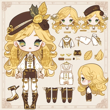 character sheet, knoling, clipart, inventory catalog, cute chibi character, golden wavy long hair, long bangs, yellow-green eyes, flat chest, beautiful young boy, gothic, frill, lace shirt, high West brown shorts, yellow bird, mimosa, yellow jewelry, ribbon