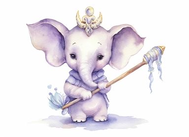 watercolor cute little baby elephant wearing a crown and holding a scepter, in the style of light silver and light purple, victorian-inspired illustrations, nature-inspired pieces, 5 sets of clipart of different playful compositions, plush doll art, high resolution, isolated on a white background
