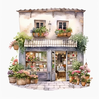 watercolor clipart flower shop , France, view from above ,single object,png,transparent ,watercolor styles, white background for removing background- - no text shadow