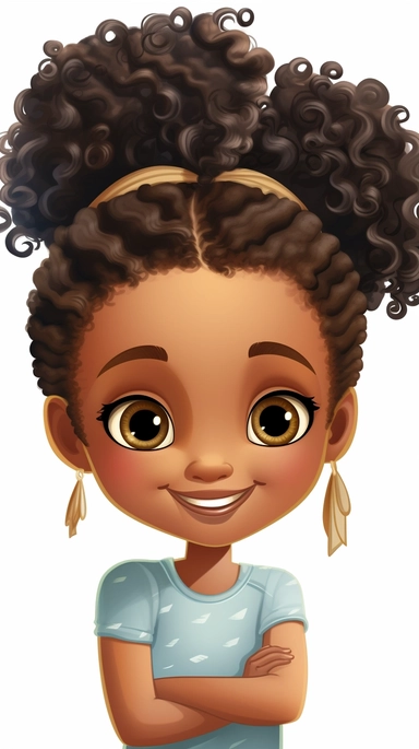 Introducing an endearing clipart character, a little Black girl, celebrating her unique individuality and beauty. This charming illustration showcases her captivating hairstyle, expressive eyes, and a delightful smile. The clipart style brings a whimsical and joyful element to the image, making it ideal for various creative projects such as crafts, invitations, and digital designs. The character is set against a clean white background, allowing for easy integration and customization. The clipart