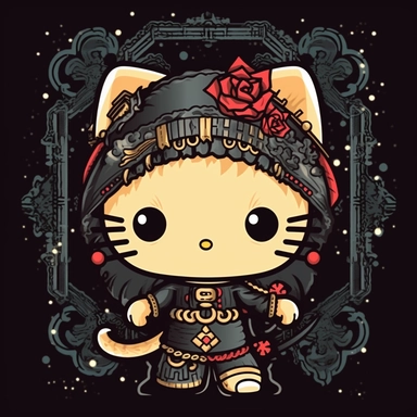 Sanrio hello kitty style charter art illustration of kitty clipart style illustration in trendy edgy dark palette. cute character
