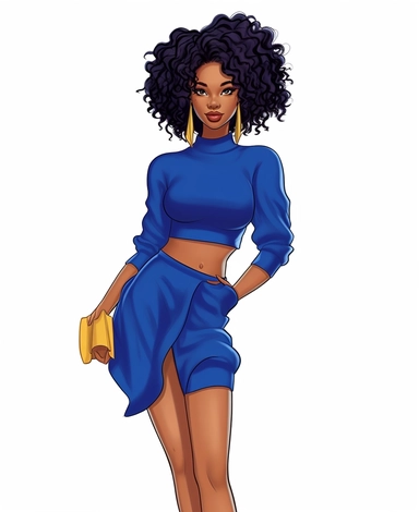 vector clipart, cartoon beautiful black women wearing fashion nova clothing in royal blue and white, short cut curly hair, braided hair. wearing a trendy outfit, clear and crisp, plus size, gorgeous face, full body, heels, detailed, white background, happy, digital illustration, character drawn in thick smooth black lines, procreate
