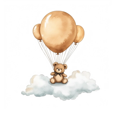 Boho teddy bear clipart, light brown tone for a boy, floating past a cloud, solid white background