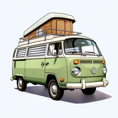 in clipart style, A meticulously crafted illustration of a Green 1970 Volkswagen Westfalia Camper with a raised roof highlighting its iconic design and graceful contours, placed against pure white background (style: evoking the accuracy and refinement of classic automobile blueprints) (lighting: deliberate, directional lighting, casting gentle highlights and shadows on the car's structure) (colors: an elegant palette of red for the Volkswagen's body set against a pristine, white backdrop) (compo