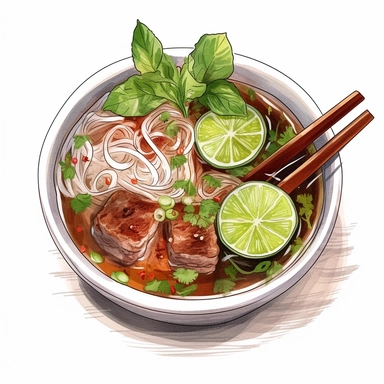 watercolor, hyper realistic, white background, white margins, 16k, ultra detailed clipart, cut out image, hand-drawn a bowl of traditional Vietnamese phở, a fragrant noodle soup with tender slices of beef or chicken, fresh herbs, bean sprouts, and lime. in the style of anime art, frostpunk, photo-realistic drawings, villagecore, lively and energetic, high quality, anime