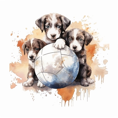 Watercolor puppies playing, with ball that resembles a world globe Clipart - cute dogs , Colour of brindle brown and cream, white background, vector art, high definition, clip art, ar 2:2
