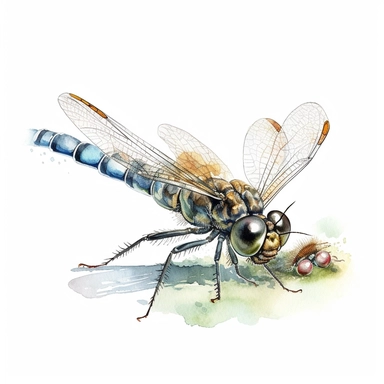 dragon fly eating another small bug clipart watercolor, white background