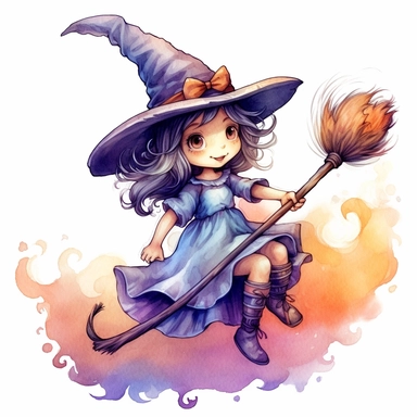 Little witch riding a broom, watercolor illustration high definition, cute character, Sublimation Clipart, hyper realistic, intricate detail, illustration style, isolated on white background for style by Lucy Fleming, watercolor, smooth gradients, black contour outline, ultra detailed, clipart elements, delicate pastel colors, solid white background, super clear, high quality
