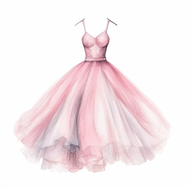 Watercolor pink elegant party dress drawing, illustration clipart, high detailed, white background, digital art