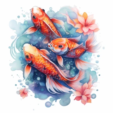 Fantasy magical Koi Fishes Clipart, Watercolor Cartoon, hyper realistic, intricate detail, illustration style, high resolution, on the white background