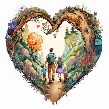 a cute loving American family hiking in a magical deep forest (a perfect close-up single-point-perspective view from the back) with its own habitats (flowers and plants) made into a heart-shape, vintage in watercolor style clipart, use darker tones, higher saturation colors, Banksy artstyle with minimal effects, super creative watercolor, white background