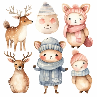 Watercolor collection clipart winter elements snowflakes, kawaii reindeer, ice skating, scarf, neutral colors, no background