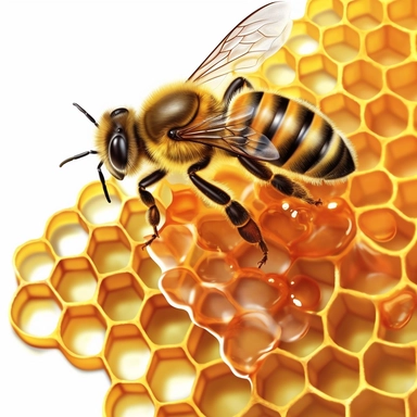 create image of homeybee on a honey dripping bee hive, clipart on white background