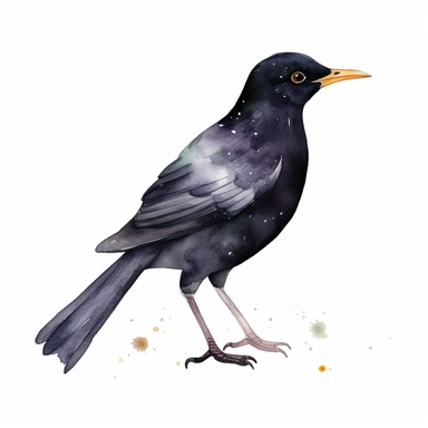 Watercolor blackbird clipart, white isolated background, space out, hd