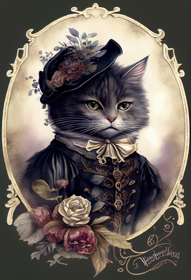 an adorable victorian cat by [Rebecca Latham + Sarah Stribbling + sumi-e + nicoletta ceccoli], Easter theme, epic scene, dark dark academia watercolor vintage CLIPART, illustration, hyper realistic, intricate detail clipart, watercolor, painterly, Jean-Baptiste Monge, drawing on top of old grunge beautiful scrapbooking background paper, old paper texture, decoupage printable digital background, distressed borders, vintage borders, grunge borders, shabby borders