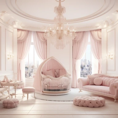 panoramic view, full view, beautiful elegant royal baby girl nursery room drawing painting, frilly, romantic, fantasy, ethereal, light pink and white colors, beautiful crib with beautiful full flowing canopy, beautiful bling crystal chandelier, soft pink teddy bear, beautiful large Victorian style window with beautiful pink flowing drapes, faux fur rug, sharp focus, high detail, 8k, illustration clipart style, transparent background