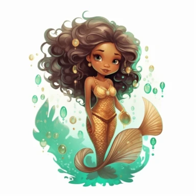 pretty brown skin mermaid with mermaid tail , clip art, jewels, little fish swimming in the forground