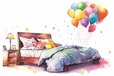 Watercolor, Create a surreal bedroom with balloons replacing furniture and decorations. clipart, hd, on a white background, spaced out