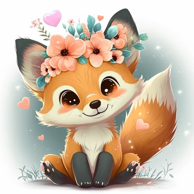 little baby fox, with hearts flying, smiling, flowers, with lights, cute, clipart, kawaii, disney, detailed, ultra high definition