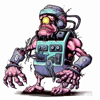 helpful bashful machine troll cyborg, dark electric aura, Basil Wolverton Josh Kirby Dave Gibbons, handpainted enamel punk zine indie retrowave, clipart illustration, solid white background