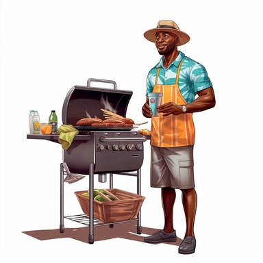 a 3D unrealistic image of a black man cooking on an outdoor grill dressed in summer clothes clipart, graphic vector, isolated on white background