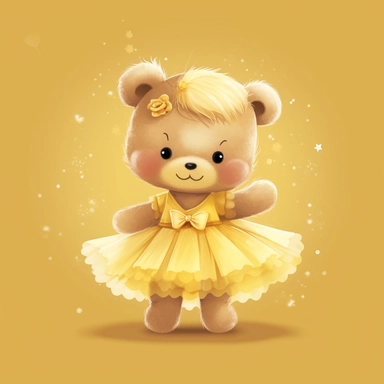 Adorable cute fantasy Teddy bear dressed like a Romantic ballerina, wearing yellow tutu, nursery art, clipart image, lineart image, solid background, high contrast with background , very detailed, 8k