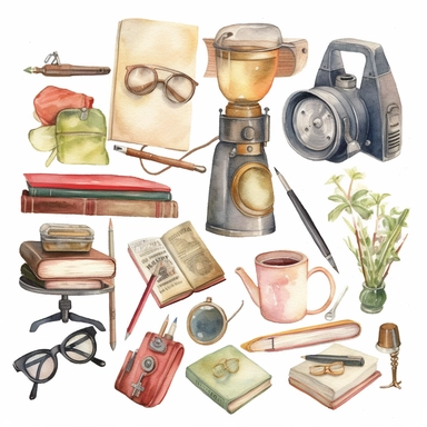 watercolour clipart of a class teacher stuff, teacher objects and elements, full length, high quality, very high details , white background