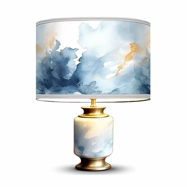 A delicate watercolor painting of chic powder blue, white, and gold three combo lampshade, office accessory arranged in an elegant composition, featuring soft and blended watercolor washes to create a harmonious and feminine aesthetic clipart PNG