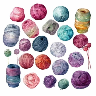 Watercolor Clip Art Hobby Knitting and Crocheting , Wool Yarn Cute Clipart Set. Collection of hand drawn balls of yarn for knitting