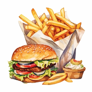 burger and fries, clipart, watercolor,