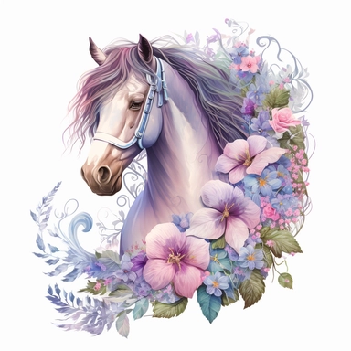 A horse clipart design for girls with a soft and girly color palette of pastel colors like pink, purple and blue to create a dreamy atmosphere. The horse itself is majestic and has a long flowing tail and mane that move in the wind. Flowers and butterflies surround the horse and give the design a romantic touch