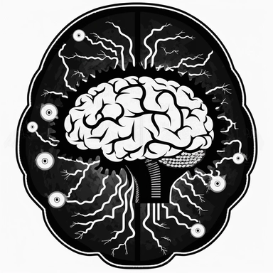 clipart of a brain full of thunders, energy and fire. Beautiful, flat, cute manga style, black and white, round image borders