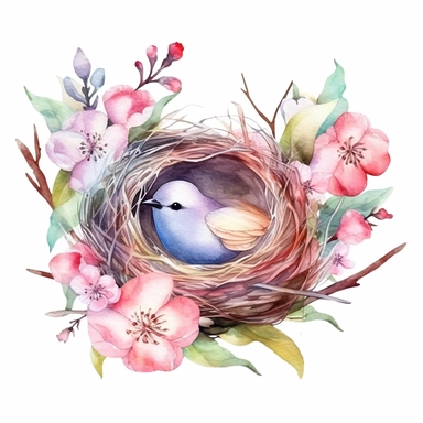 Watercolor nest Clipart, springtime, cute, Bird nest, flowers, blossoms, Spring