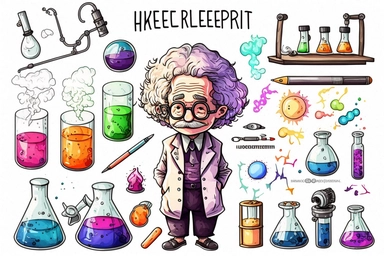 simpel set of laboratory clipart, watercolor style, albert Einstein, black outlines, strong colors, for childrenbook, white background, 16k,