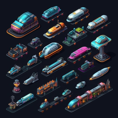 isometric, spritesheet, game assets, futuristic hovering trains, isometric perspective, game sprite, sci-fi, cute, fun, creative, cartoon, clipart, hyper-detailed, black background